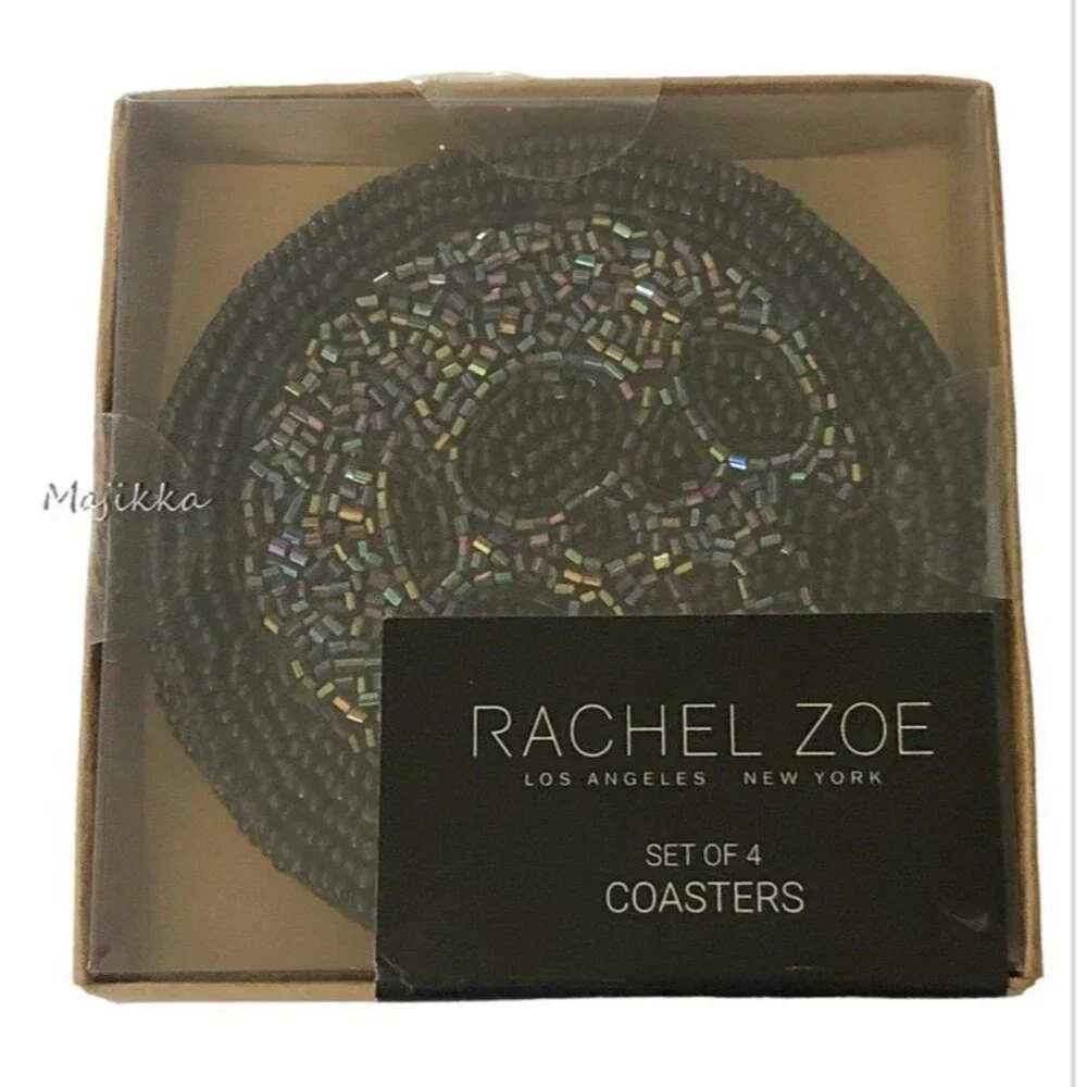 Rachel Zoe Halloween Glass Beaded Skull Coasters Satin Backed Spooky Set of 4
